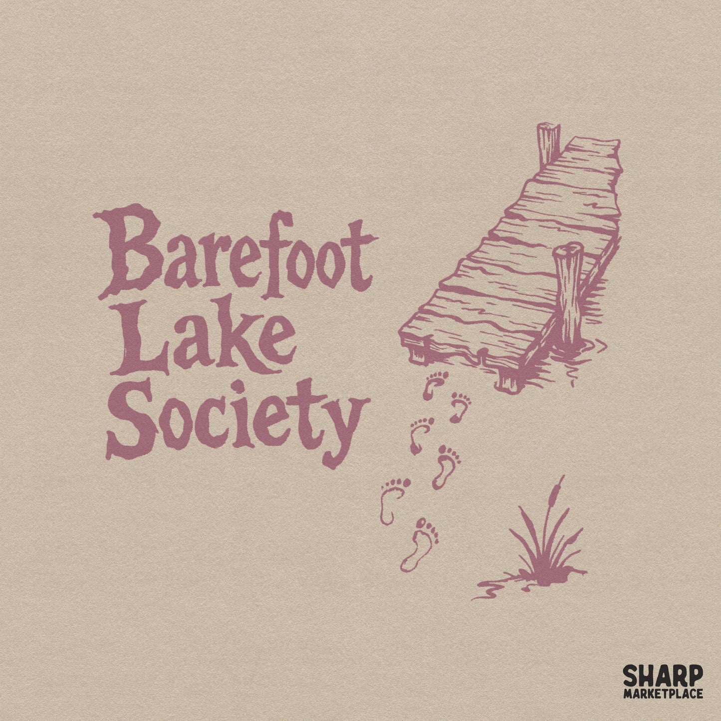 Vintage Barefoot Lake Society PNG with wooden dock and water footprints for summer beach t-shirts and coastal apparel design