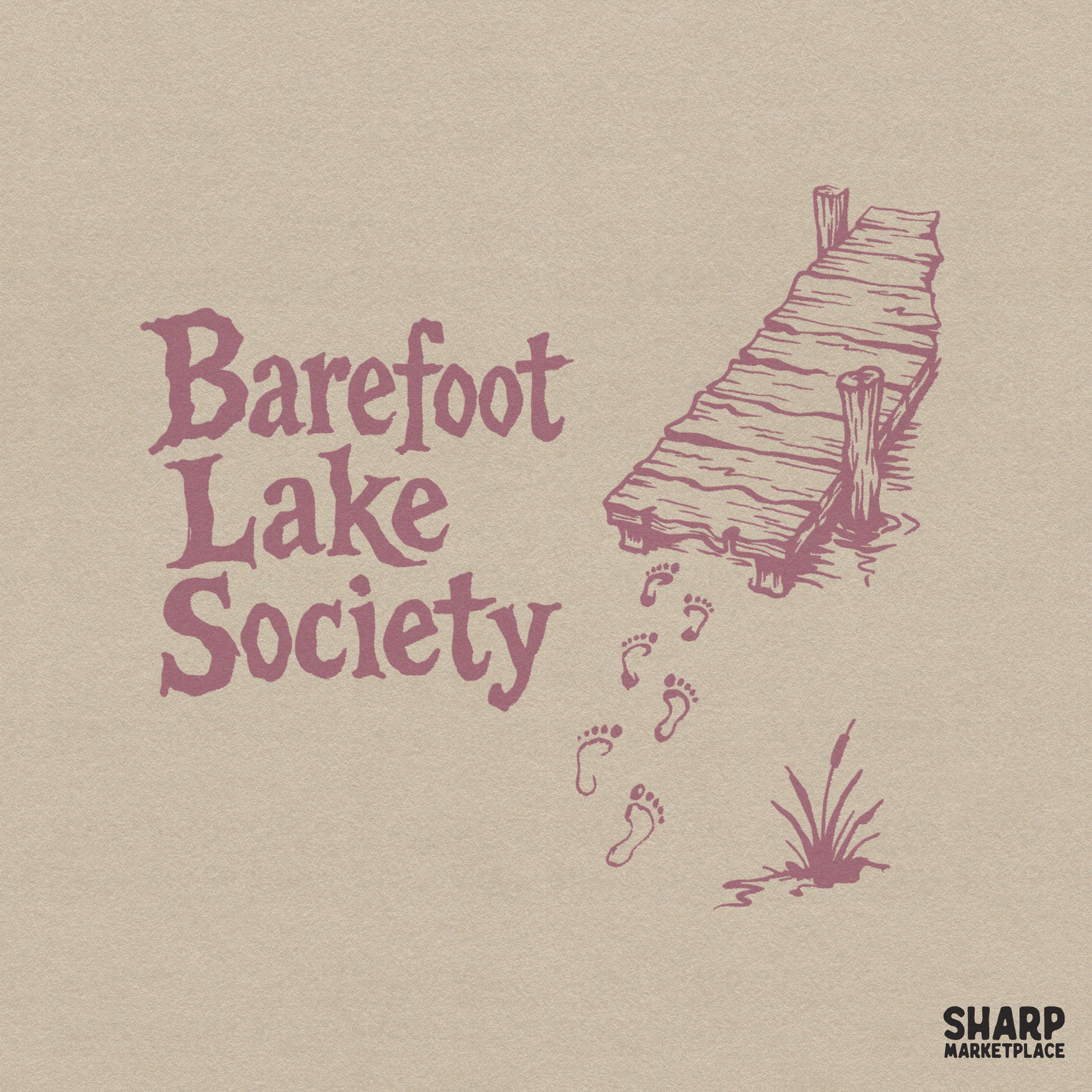 Vintage Barefoot Lake Society PNG with wooden dock and water footprints for summer beach t-shirts and coastal apparel design
