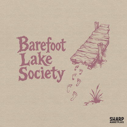 Vintage Barefoot Lake Society PNG with wooden dock and water footprints for summer beach t-shirts and coastal apparel design