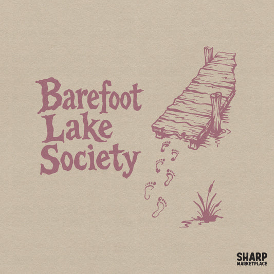Vintage Barefoot Lake Society PNG with wooden dock and water footprints for summer beach t-shirts and coastal apparel design