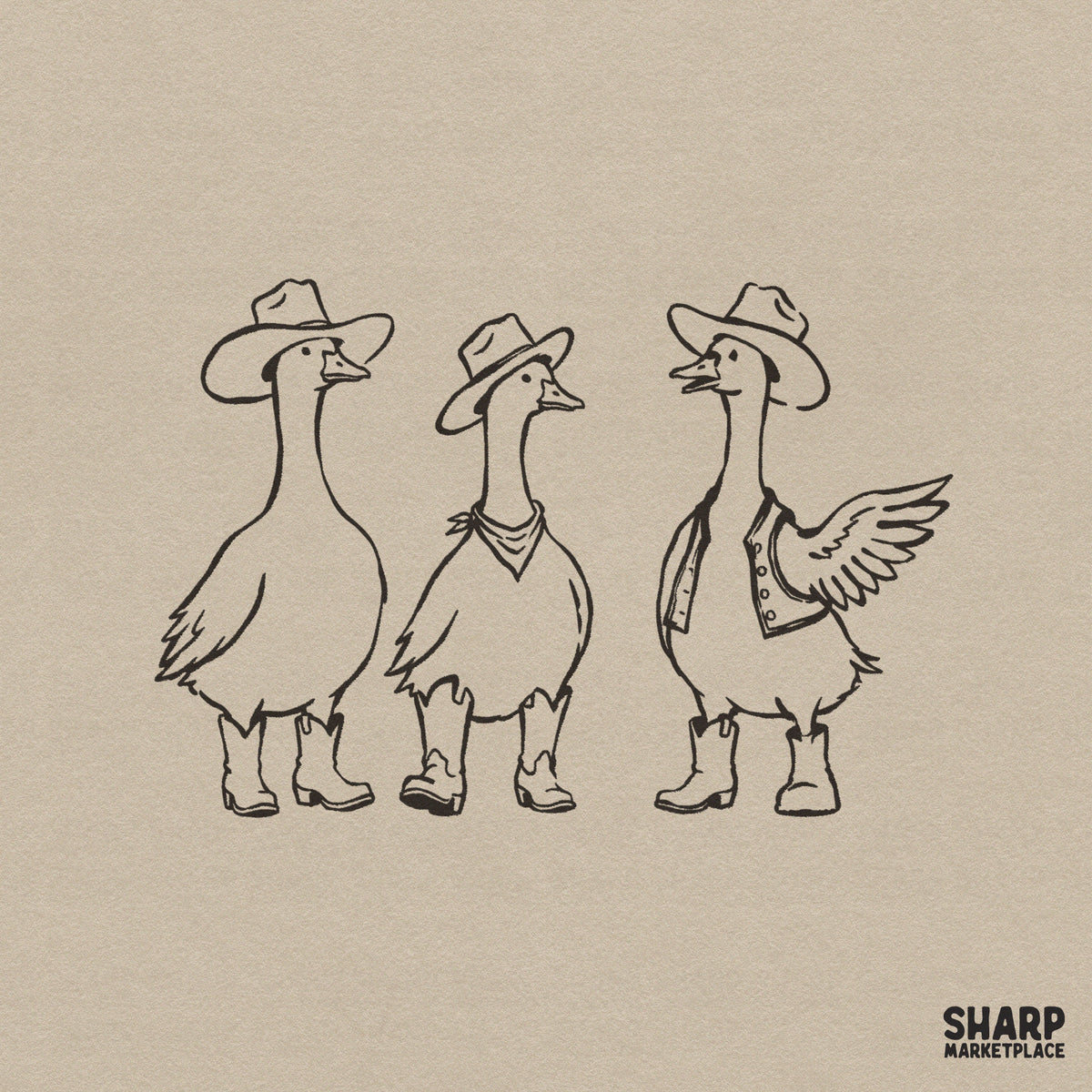 Minimalist brown line art of three funny geese wearing cowboy hats and boots, perfect for western-themed t-shirt sublimation and DIY crafts.
