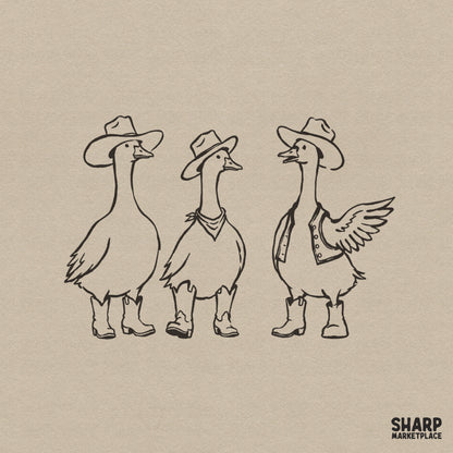 Minimalist brown line art of three funny geese wearing cowboy hats and boots, perfect for western-themed t-shirt sublimation and DIY crafts.