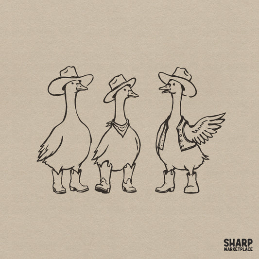 Minimalist brown line art of three funny geese wearing cowboy hats and boots, perfect for western-themed t-shirt sublimation and DIY crafts.