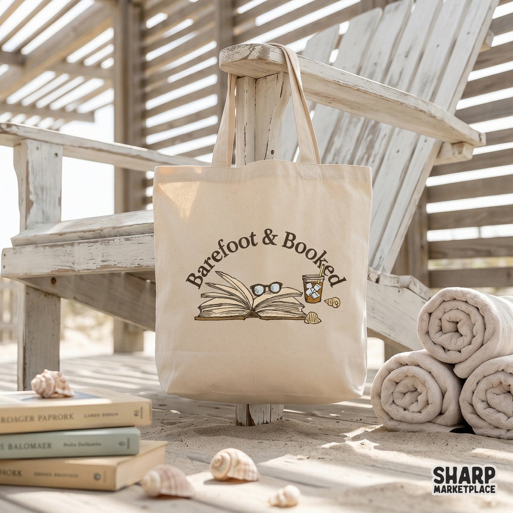 Barefoot and Booked summer PNG design with beach coffee and books for cozy library themed t-shirts and stickers