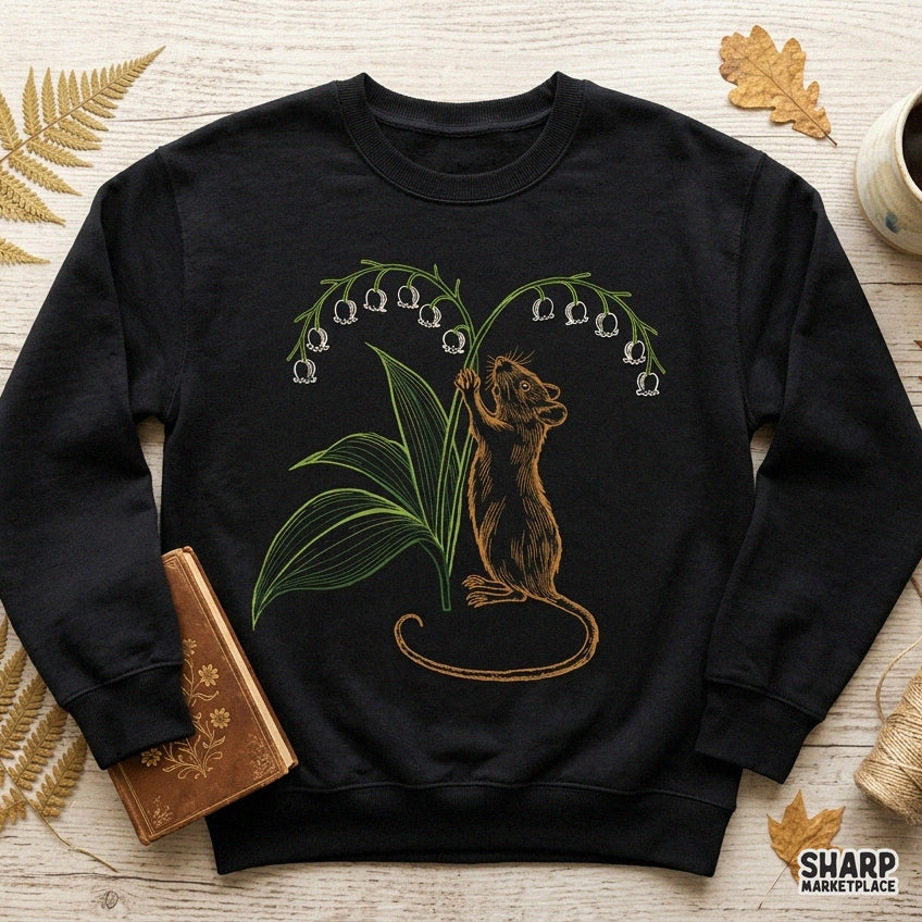 Whimsical cottagecore illustration of a cute field mouse reaching for lily of the valley flowers for t-shirt png design