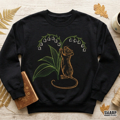 Whimsical cottagecore illustration of a cute field mouse reaching for lily of the valley flowers for t-shirt png design