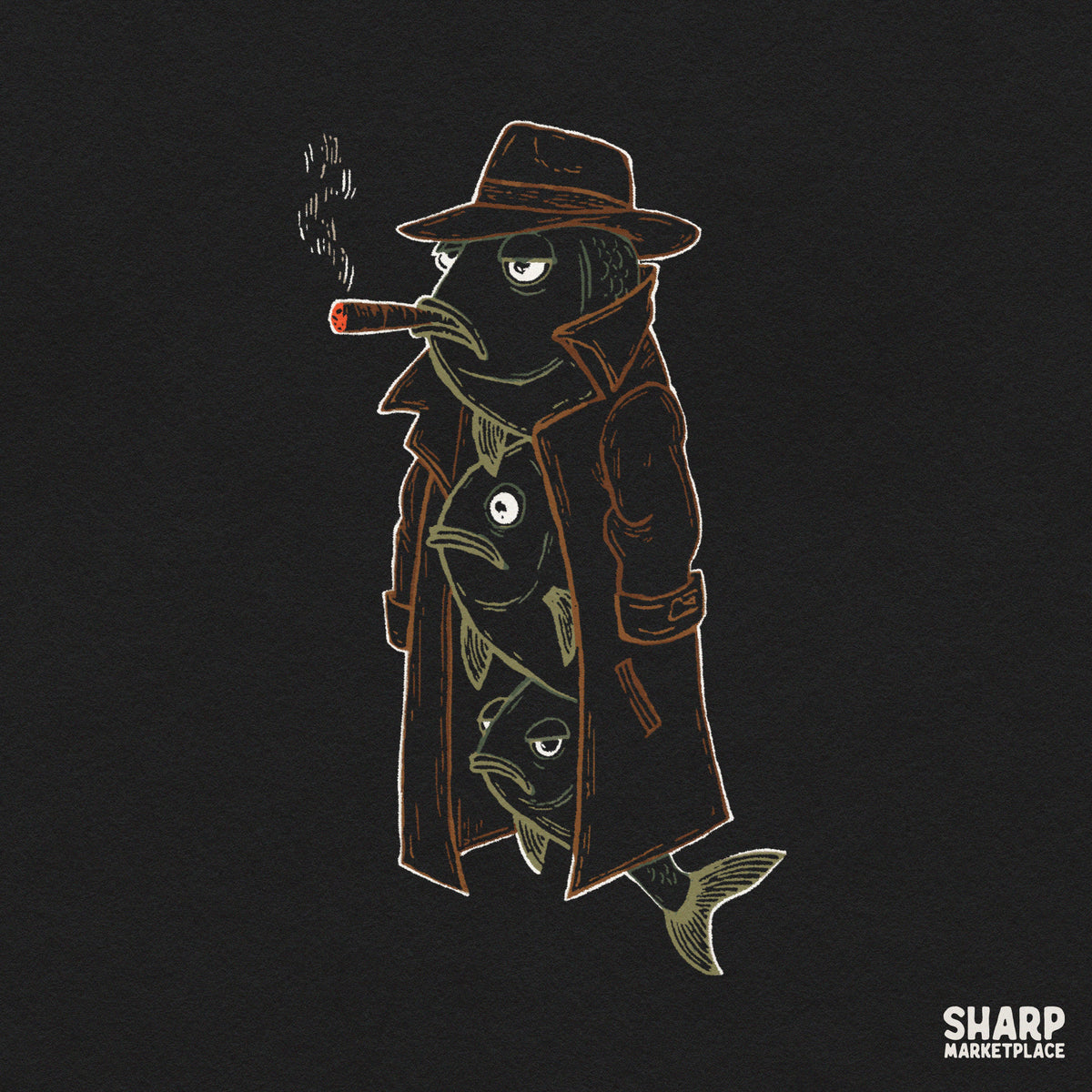 Three fish stacked in a trench coat smoking a cigar funny png retro sublimation graphic for t-shirts