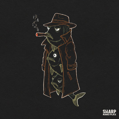 Three fish stacked in a trench coat smoking a cigar funny png retro sublimation graphic for t-shirts