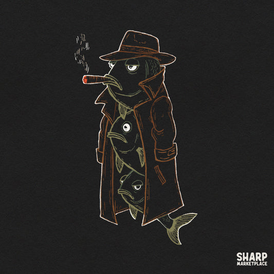 Three fish stacked in a trench coat smoking a cigar funny png retro sublimation graphic for t-shirts