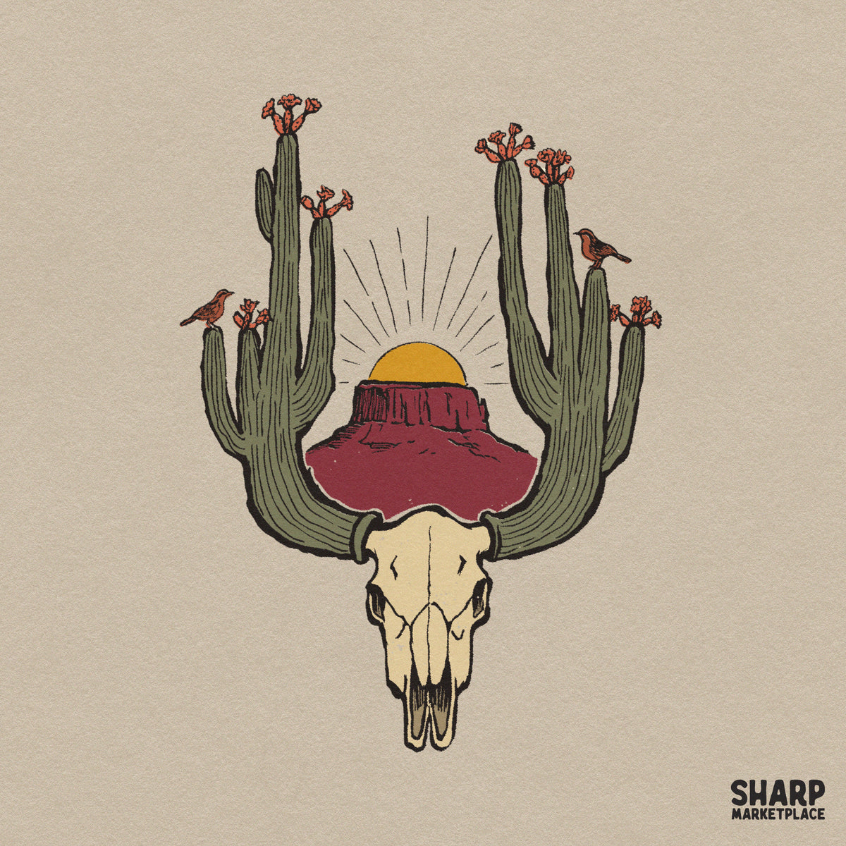 Rustic Desert Steer Horns Saguaro Art, Western PNG