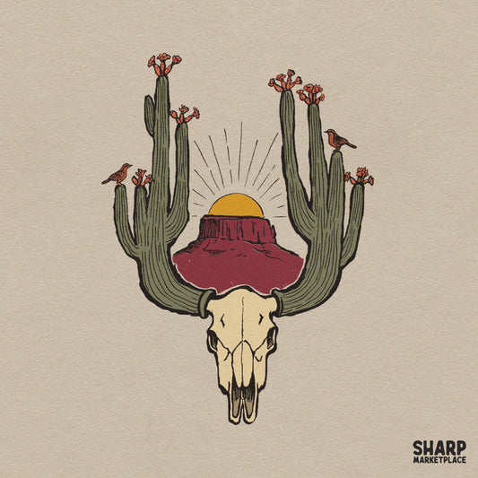 Rustic Desert Steer Horns Saguaro Art, Western PNG