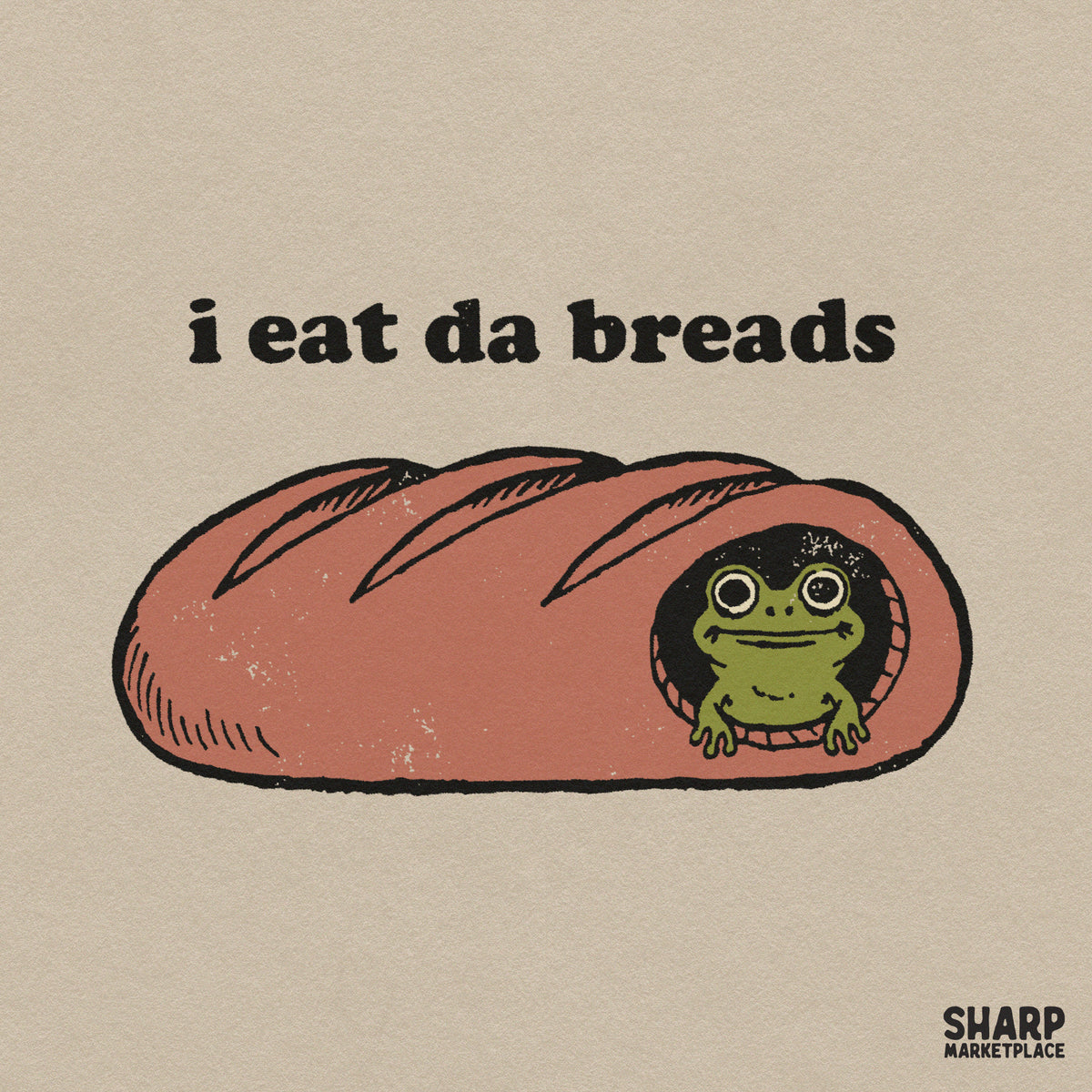 Funny frog in a baguette loaf graphic design for t-shirts and sublimation PNG prints
