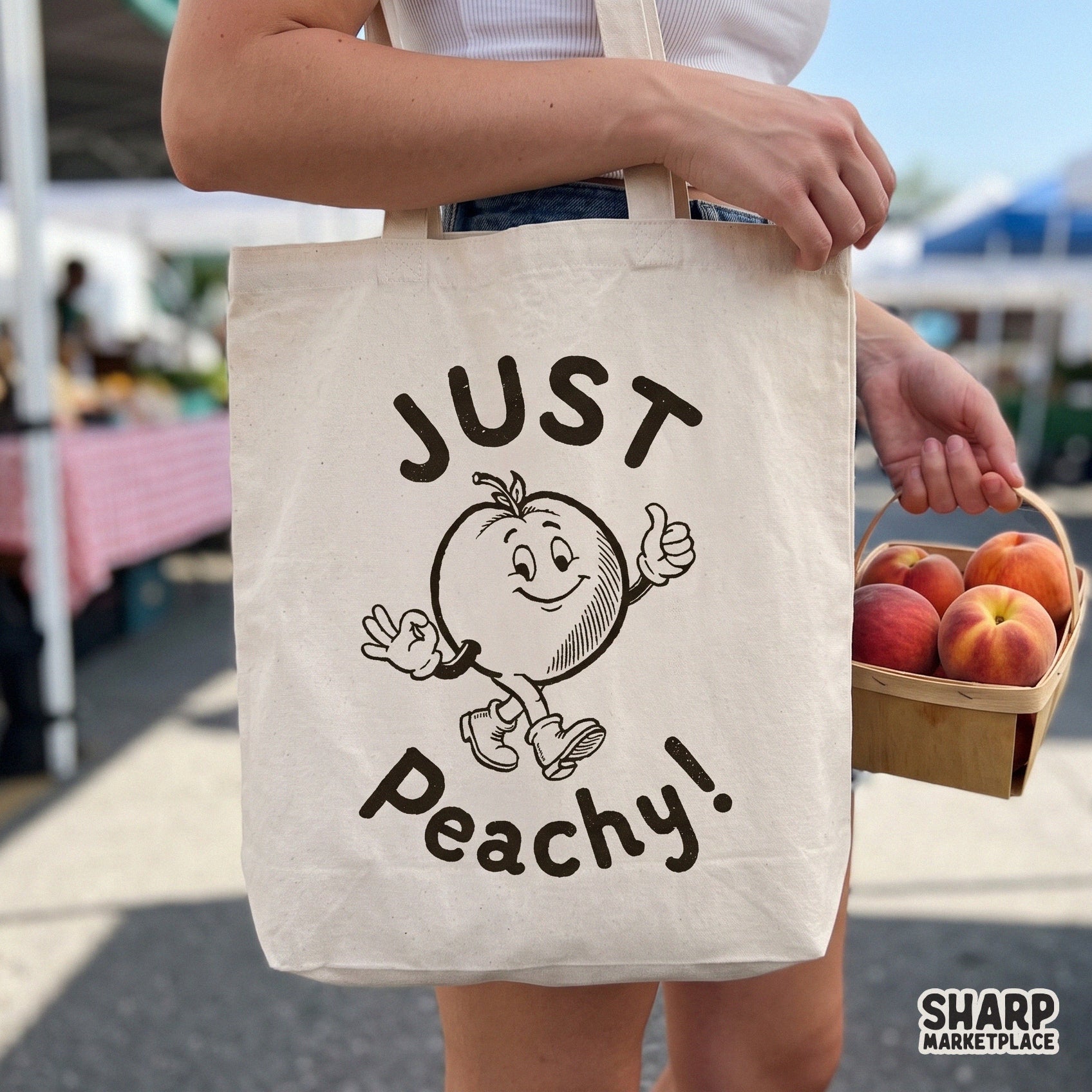 Retro peach mascot character in a rubber hose cartoon style for vintage inspired summer apparel and DIY crafts