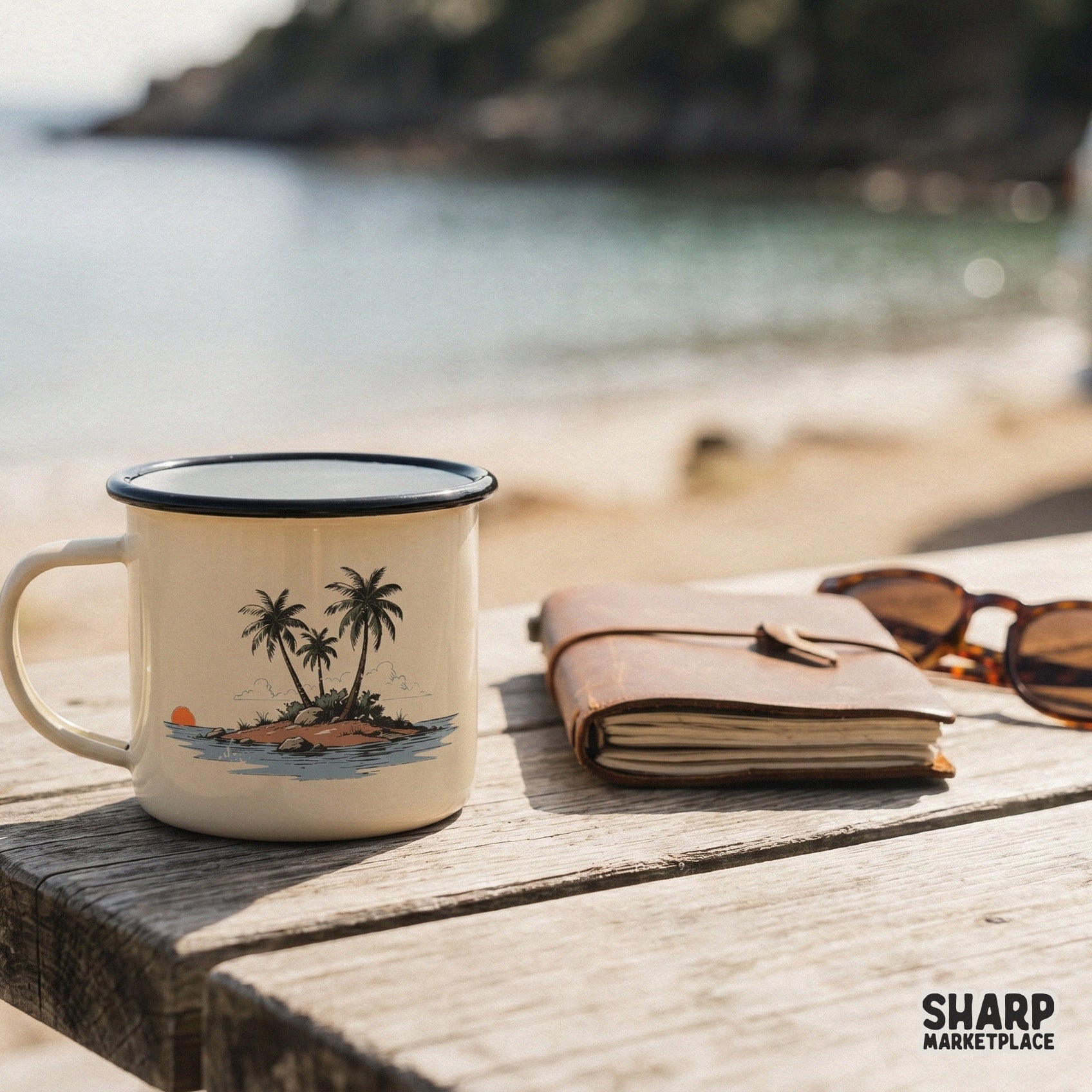 Vintage-style tropical island illustration with palm trees and a setting sun, displayed on a cream-colored enamel camping mug.