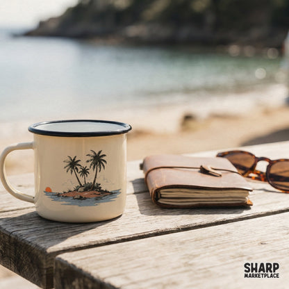 Vintage-style tropical island illustration with palm trees and a setting sun, displayed on a cream-colored enamel camping mug.