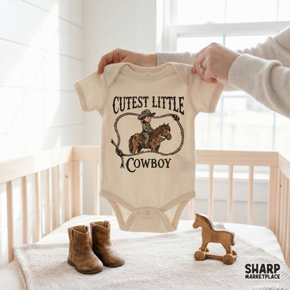 Trendy western sublimation design on a baby bodysuit showing a vintage style illustration of a child riding a pony with rope border.