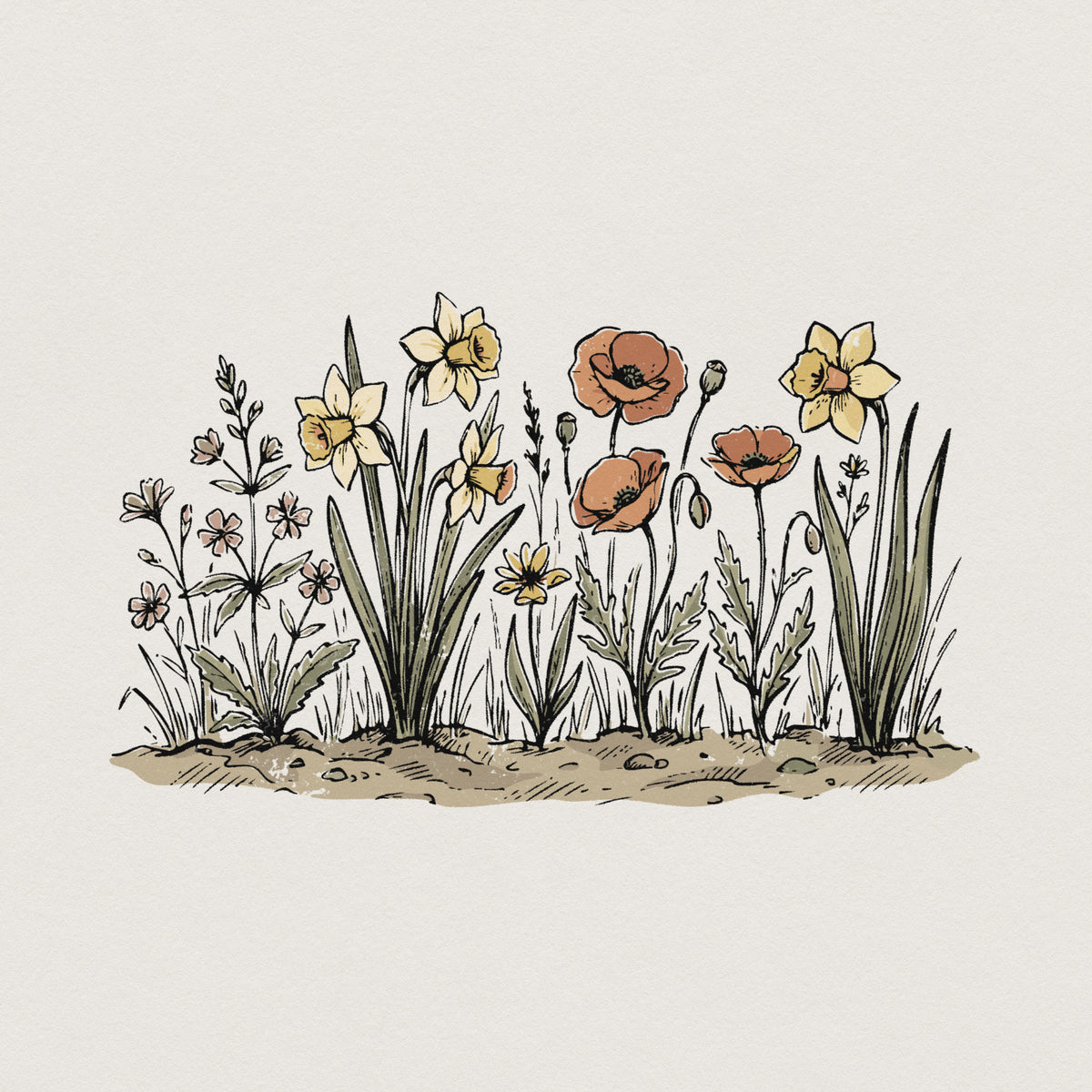 Hand drawn wildflower PNG featuring yellow daffodils and orange poppies in a botanical meadow style for spring shirts, stickers, and sublimation.