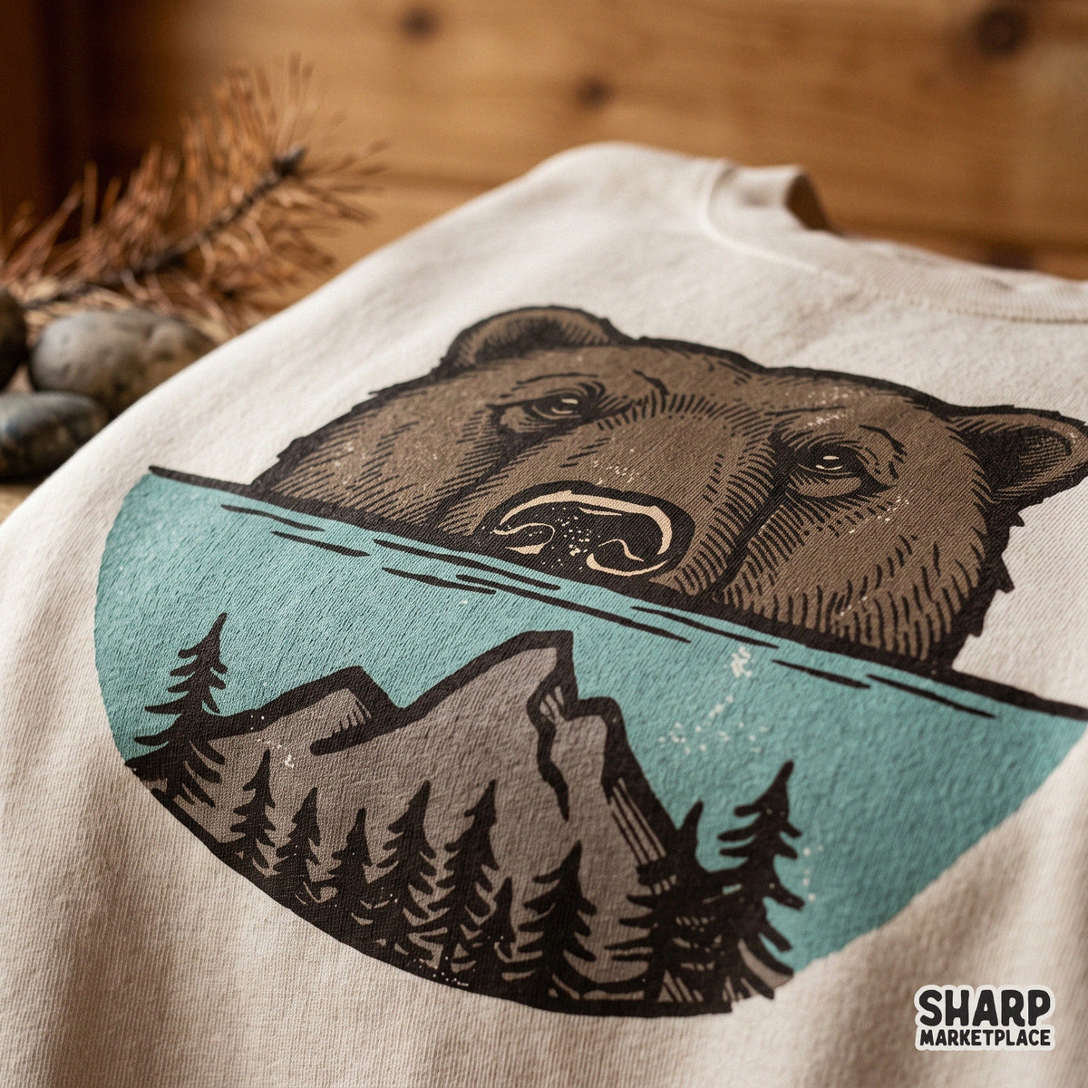 Majestic bear face with mountain forest and lake scene for nature lovers shirt sublimation PNG graphic
