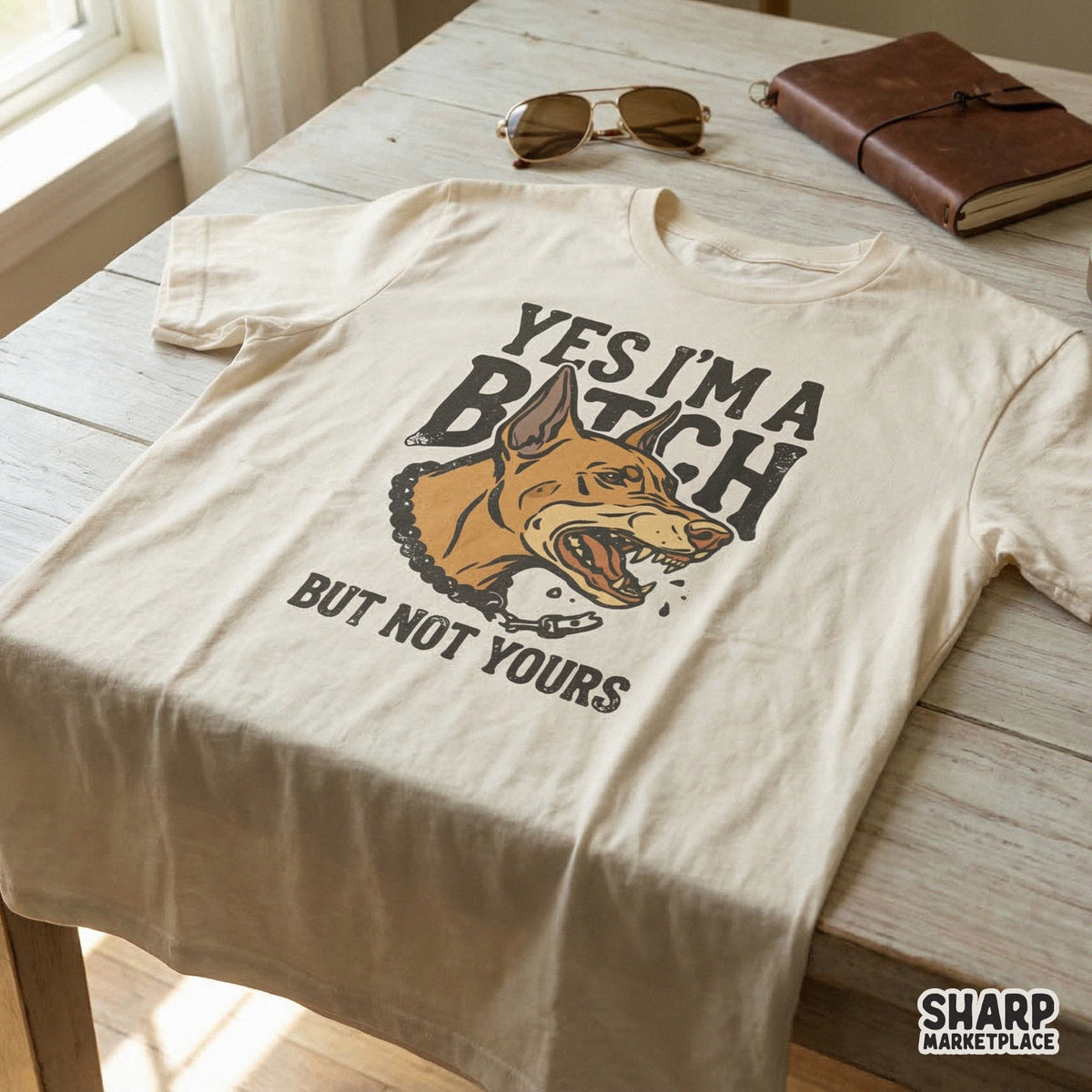 A cream-colored t-shirt featuring a snarky Doberman design with the text Yes I'm A Bitch But Not Yours, perfect for custom DIY clothing projects.