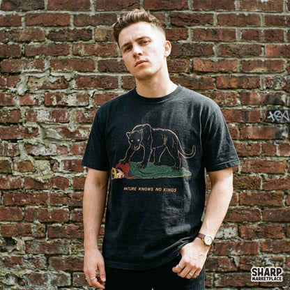 Retro sarcastic black panther design saying Nature Knows No Kings for t-shirt sublimation and print on demand digital PNG