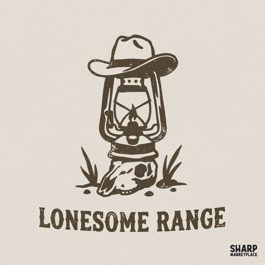 Rustic western design featuring a cowboy hat, lantern, and cattle skull with the text Lonesome Range in a distressed brown ink style for apparel.