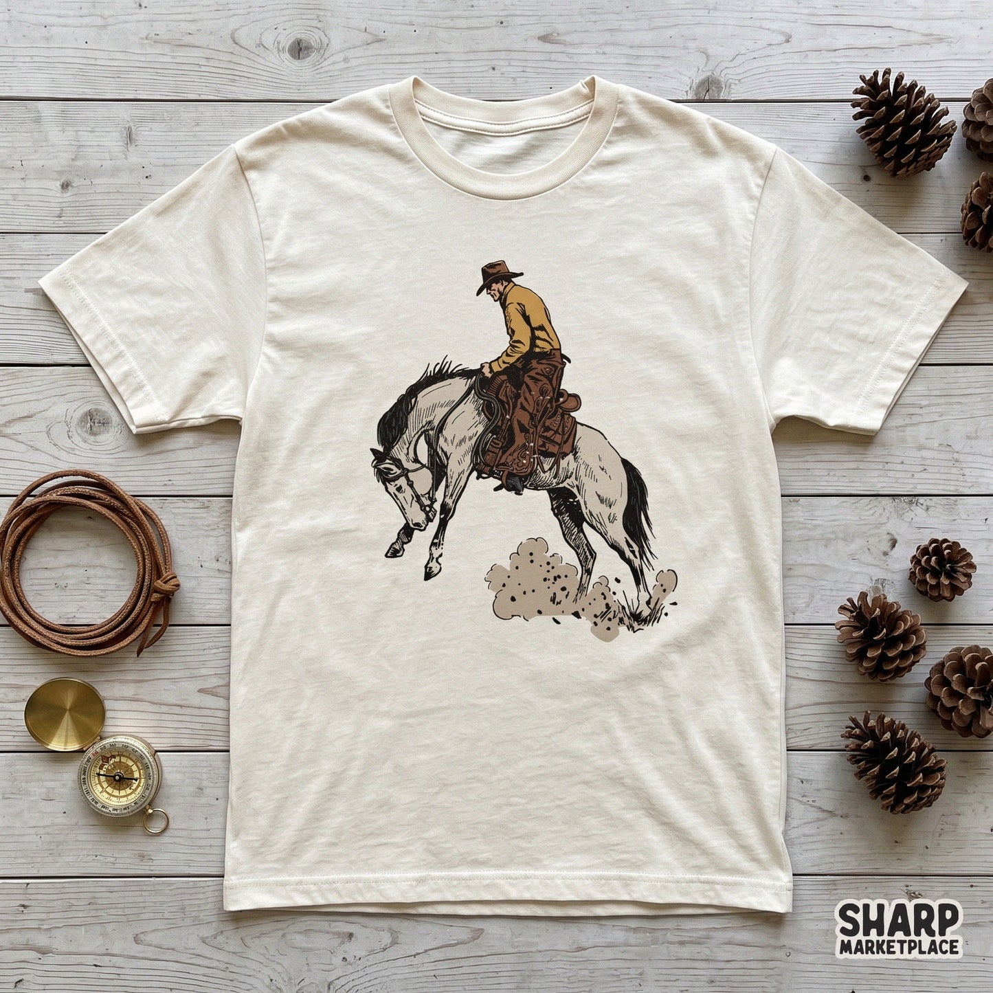 Western rodeo scene featuring a rider on a jumping horse, ideal for rustic t-shirt designs, stickers, and custom sublimation projects.