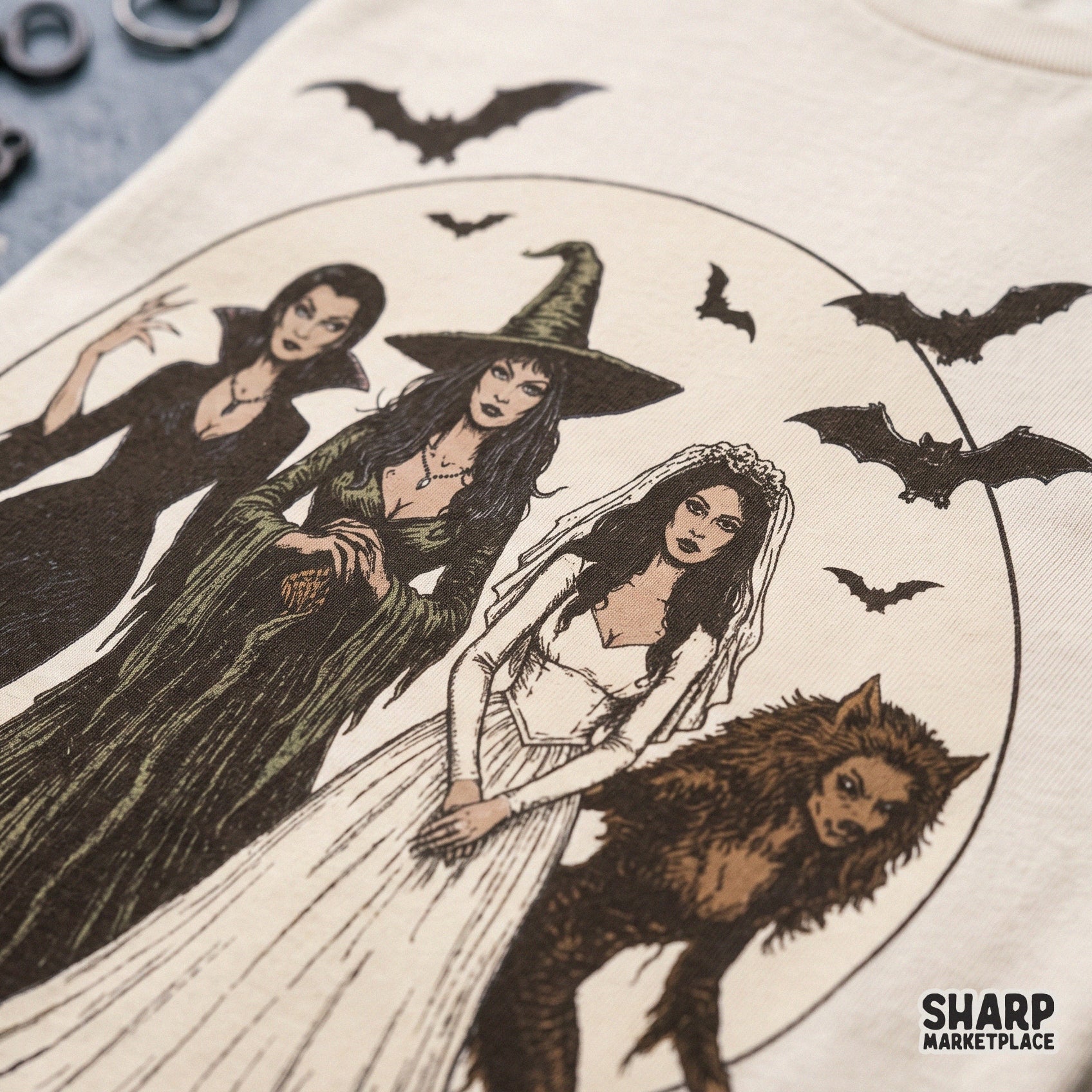 Ghoul Gang Halloween PNG with retro monster squad and witches graphic for spooky season shirts and sublimation designs