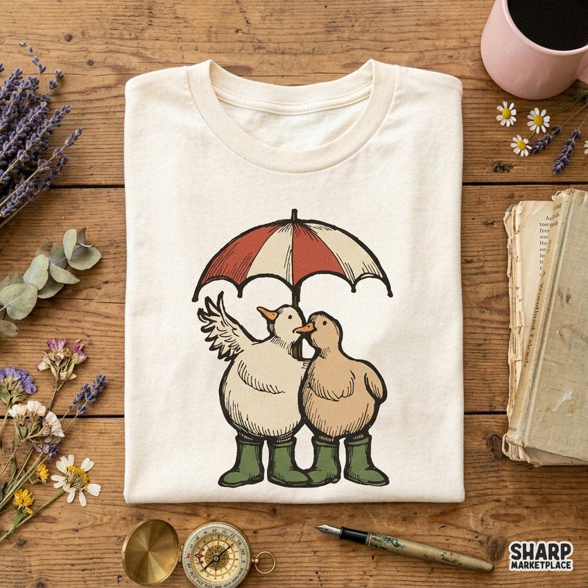 Two cute ducks in green rainboots under an umbrella, funny retro spring showers graphic PNG for sublimation
