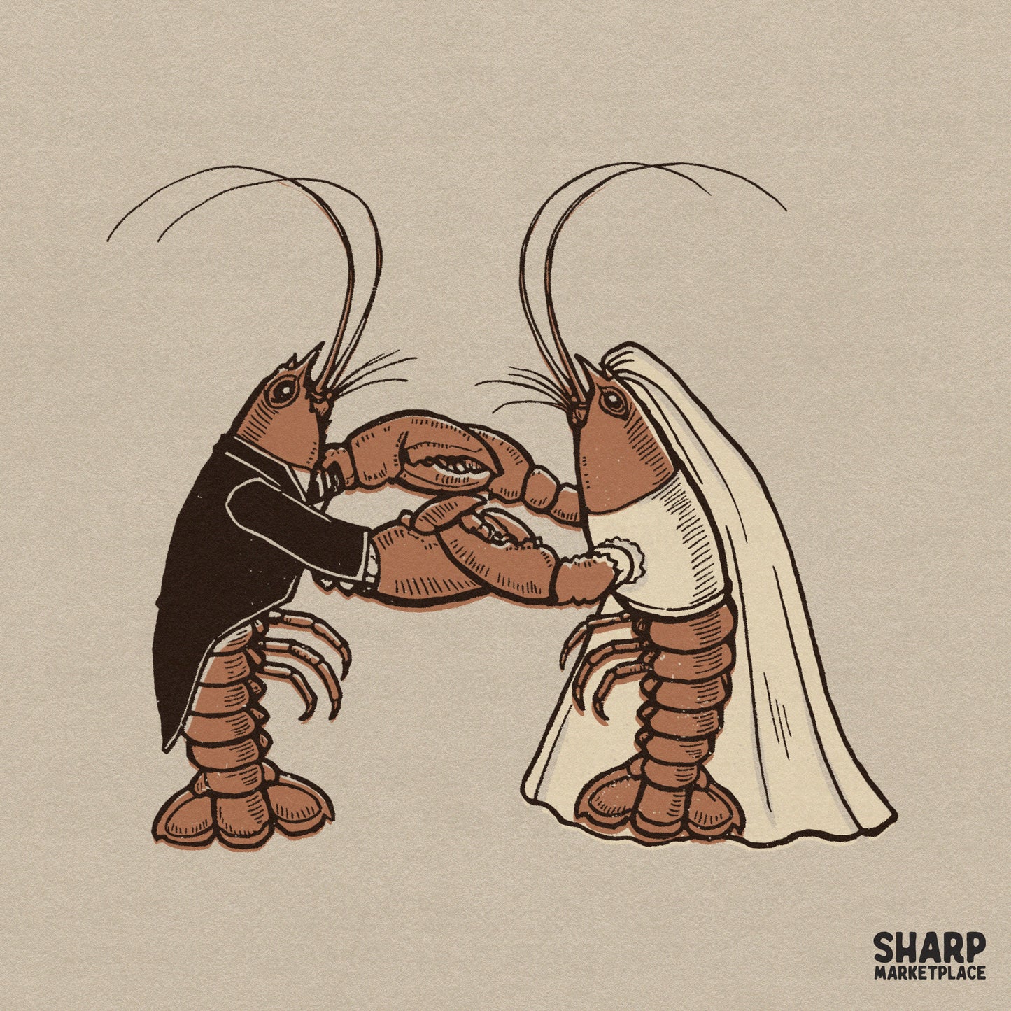 Quirky lobster couple wedding illustration in a retro style for romantic Valentine sublimation designs