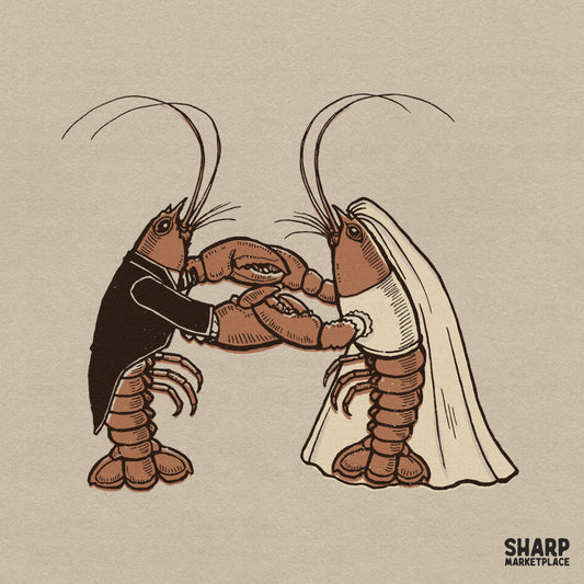 Quirky lobster couple wedding illustration in a retro style for romantic Valentine sublimation designs