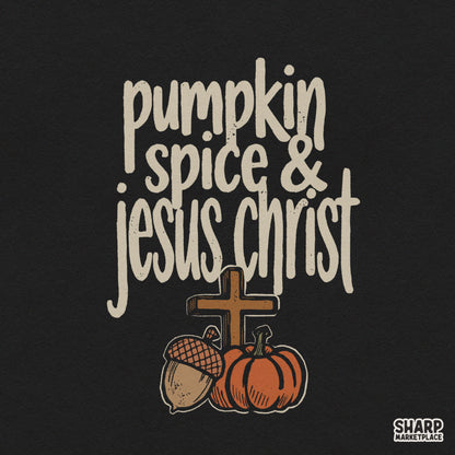 Pumpkin Spice and Jesus Christ cozy autumn Christian graphic PNG design for fall t-shirts and faith apparel
