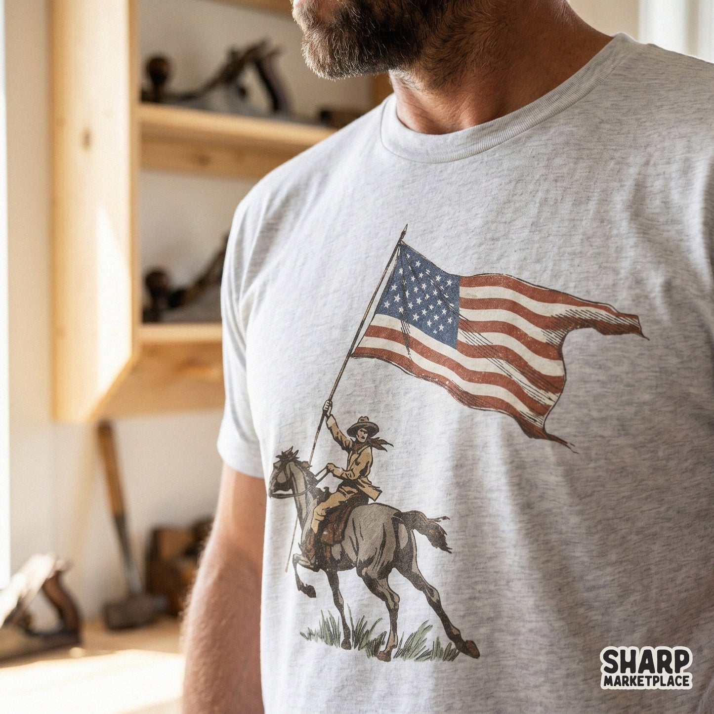 Vintage retro cowboy riding a horse holding an American flag patriotic western sublimation design for shirts