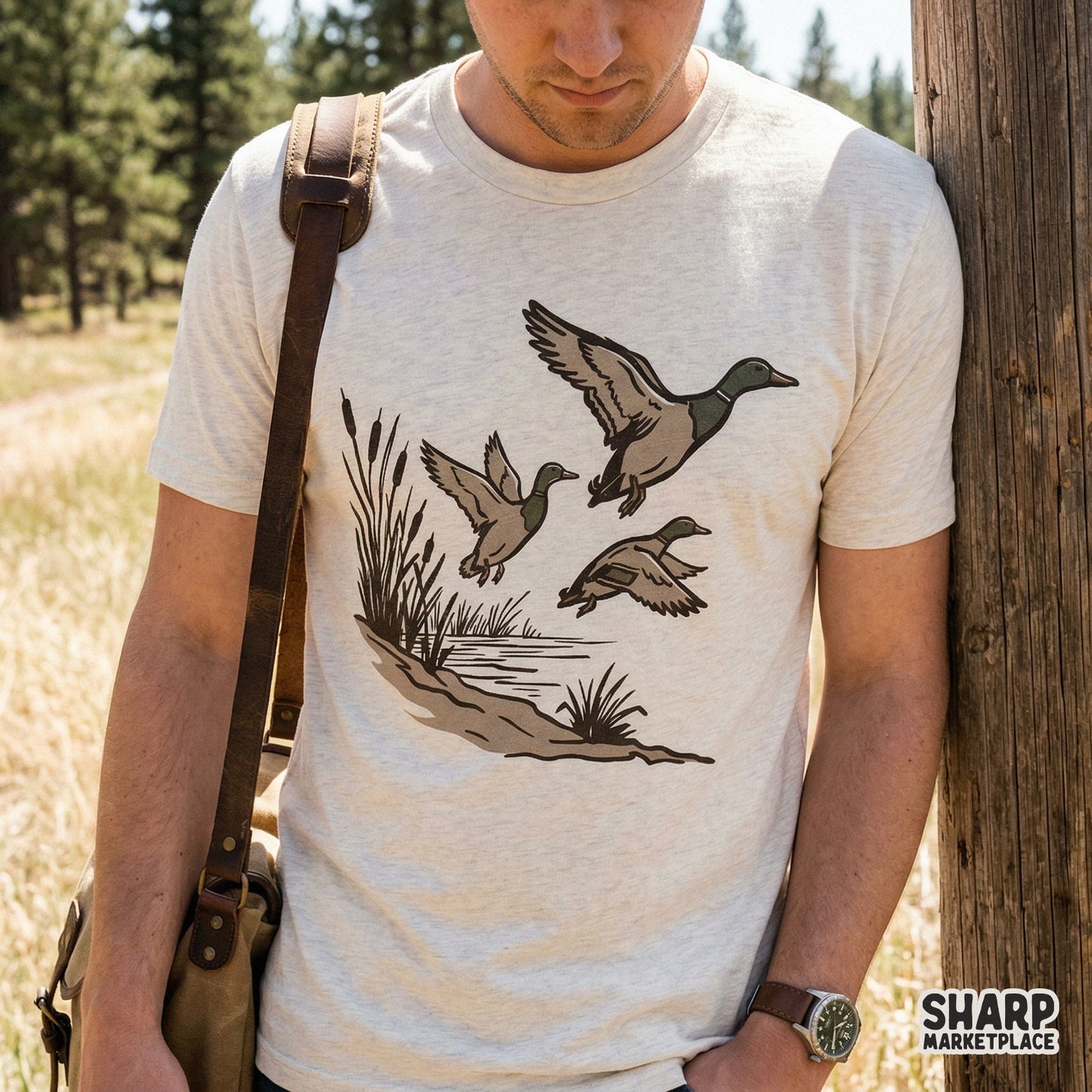 Digital download of a retro-inspired marsh waterfowl scene with flying ducks, perfect for hunting-themed shirts, stickers, and outdoor wall art.