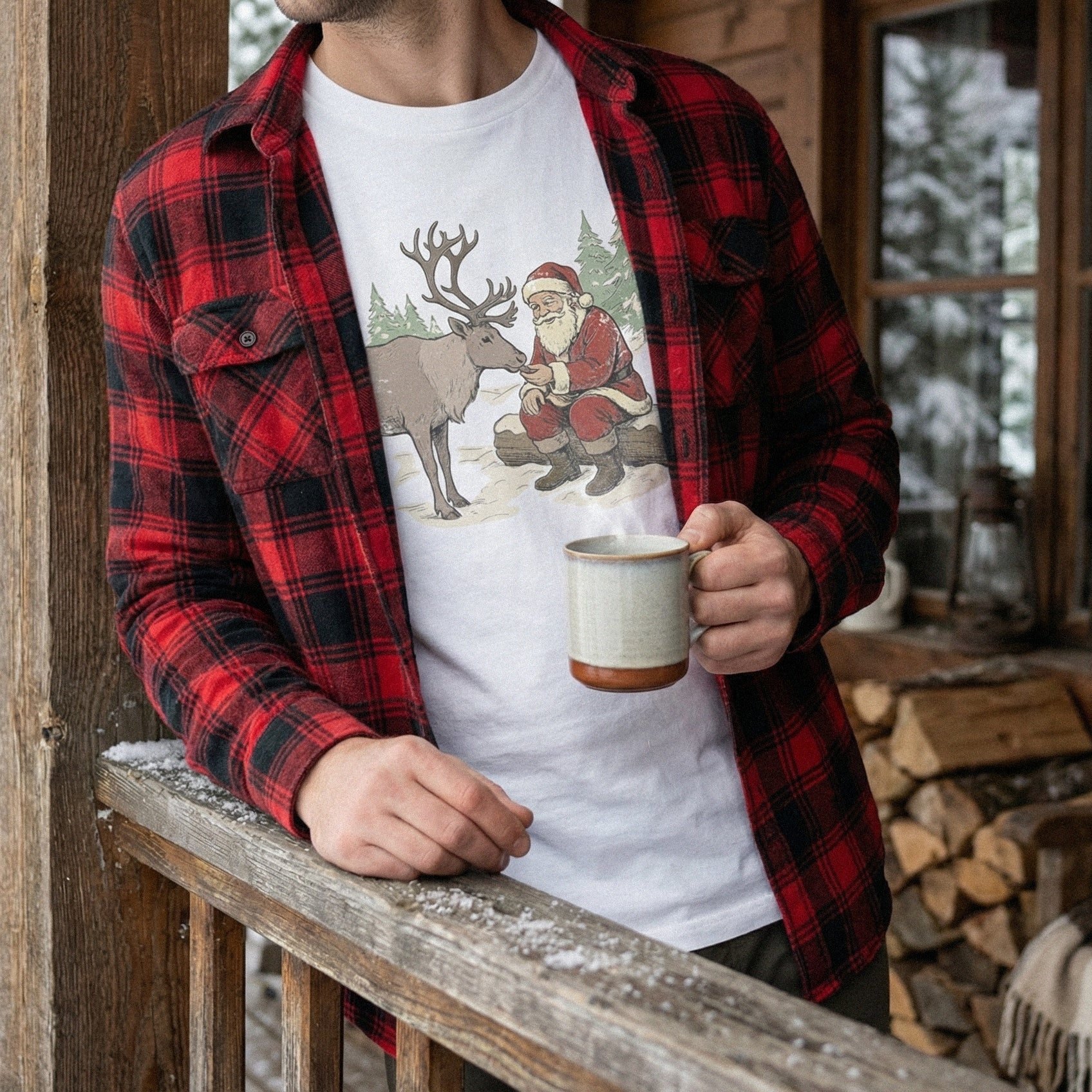 Santa Claus Feeding Reindeer PNG, Vintage Christmas Scene - 300 DPI