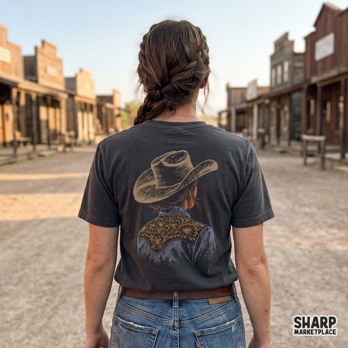 Back view of a cowgirl wearing a floral embroidered shirt and hat in trendy retro western png style for apparel printing