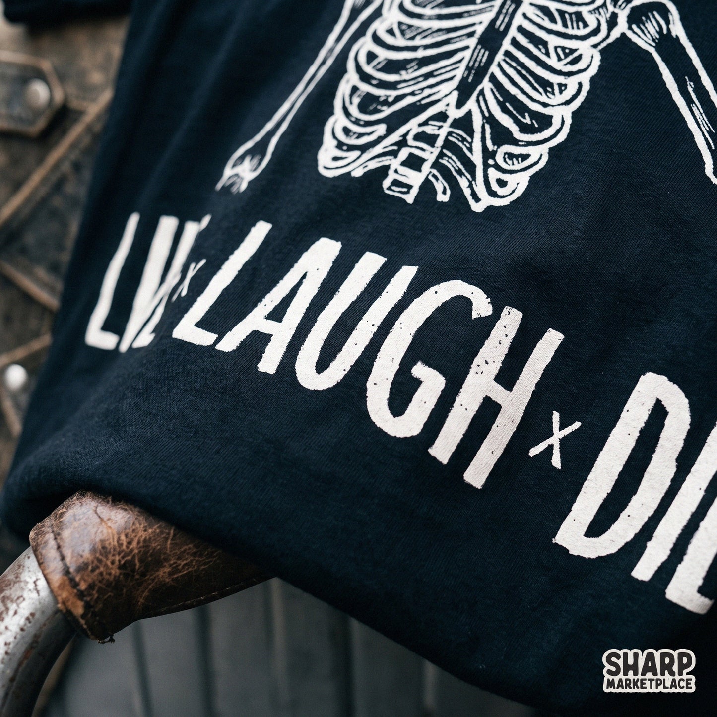 Sarcastic retro white lineart skeleton with Live Laugh Die quote for spooky season halloween shirts and dark aesthetic decor