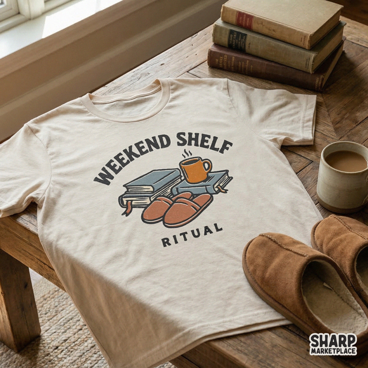Vintage style illustration of a bookish weekend ritual on a t-shirt mockup, featuring a steaming mug, stacked books, and comfy slippers.