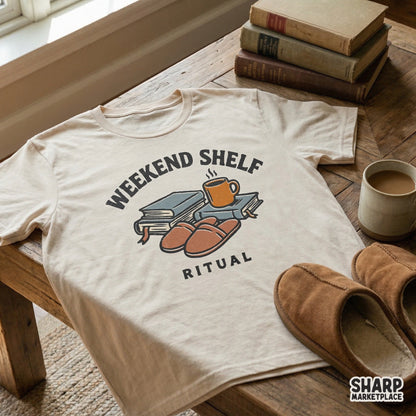 Vintage style illustration of a bookish weekend ritual on a t-shirt mockup, featuring a steaming mug, stacked books, and comfy slippers.