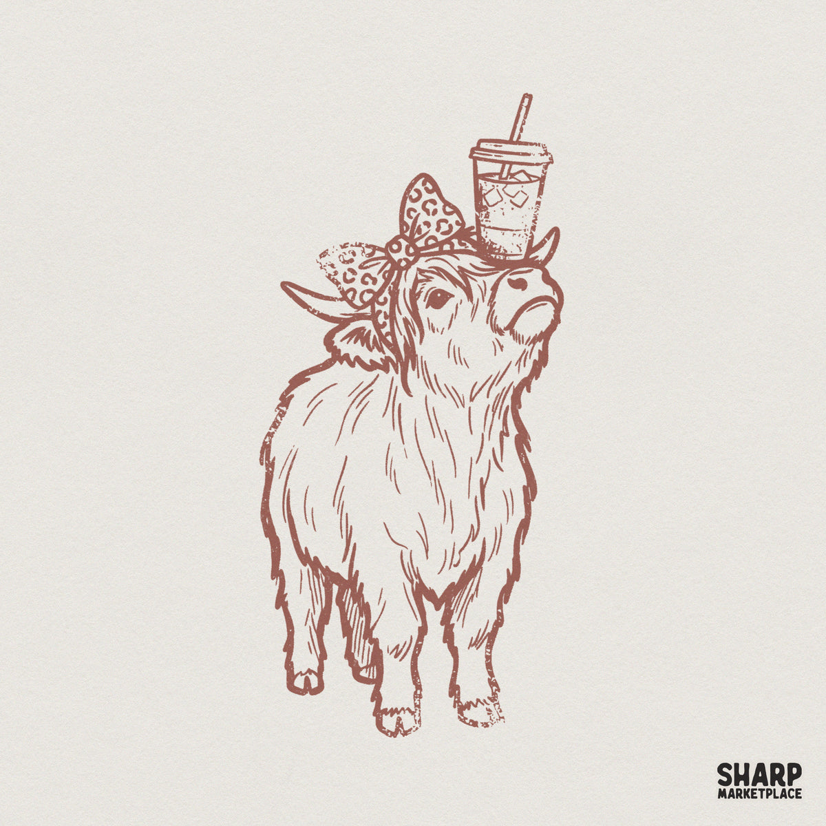 Terracotta line art of a cute Highland cow wearing a leopard print bow and balancing an iced coffee on its head for western sublimation projects.