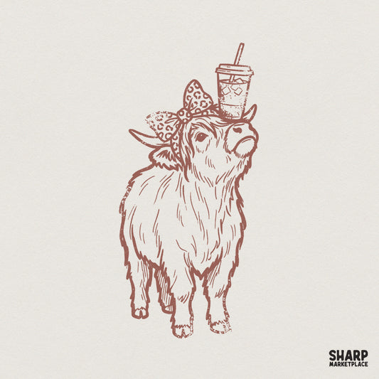Terracotta line art of a cute Highland cow wearing a leopard print bow and balancing an iced coffee on its head for western sublimation projects.