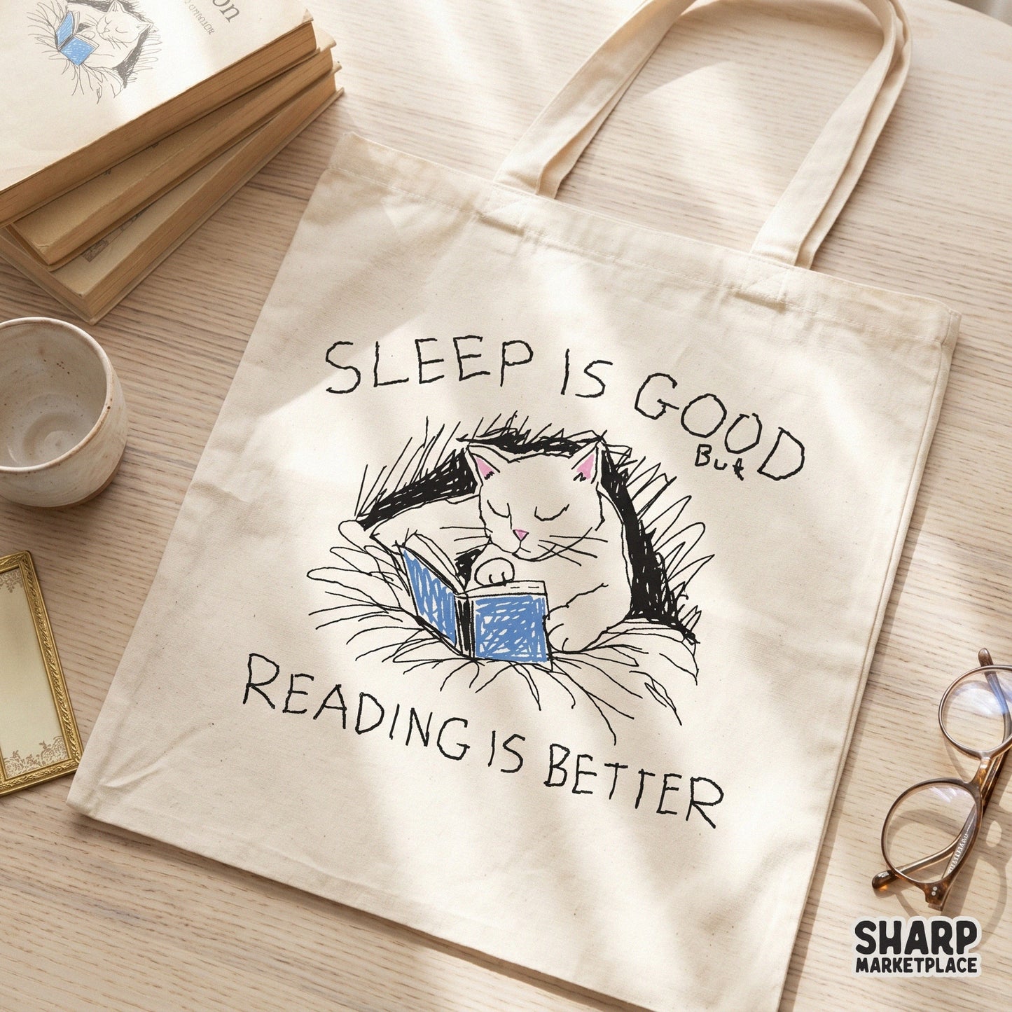 Sleep Is Good Reading Is Better Cat Book Sketch, PNG Designs For Shirt