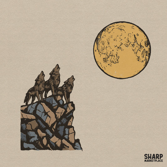 Three howling wolves on a rocky cliff under a full moon retro fall PNG graphic design for t-shirt sublimation