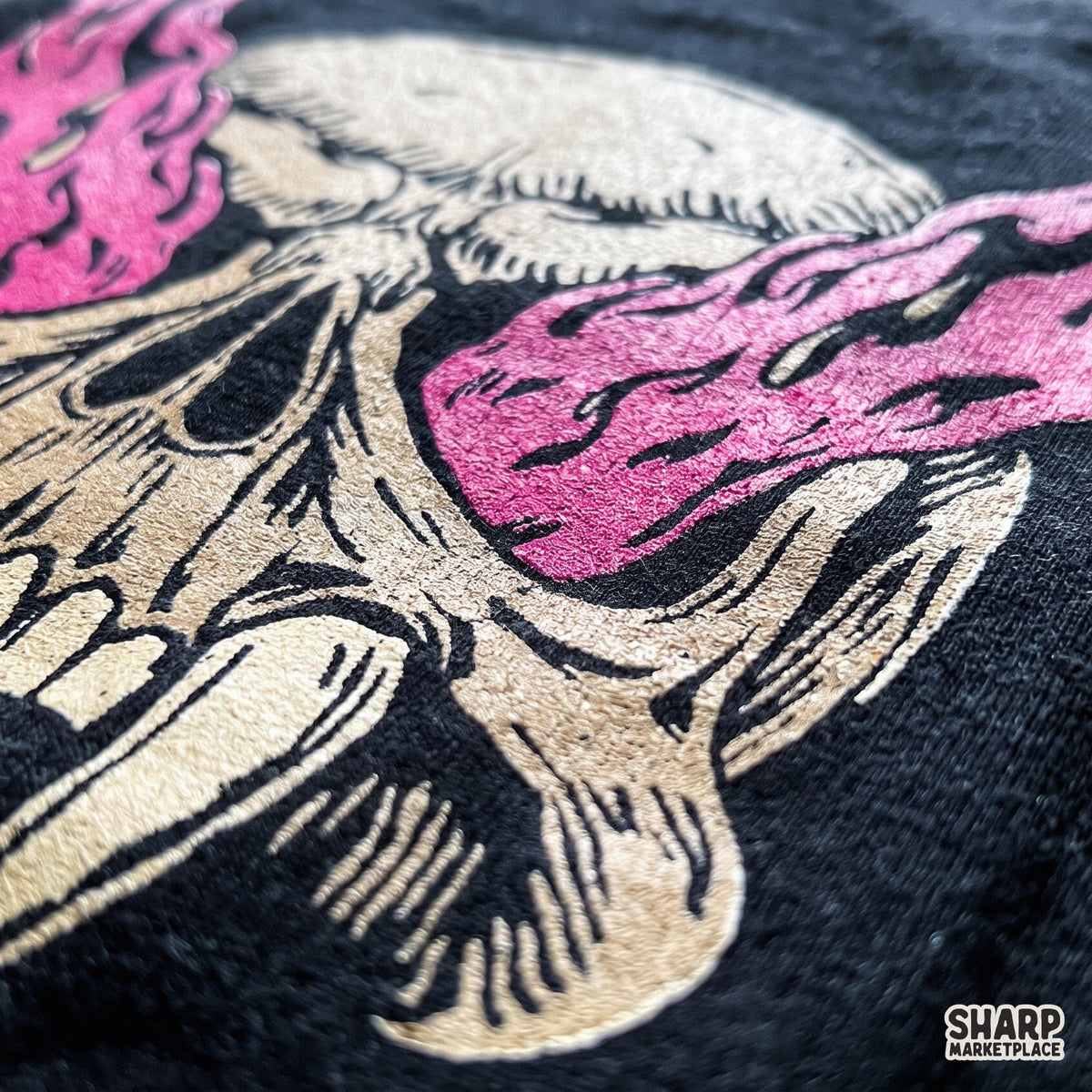 Vampiric monster skull with blazing pink fire eyes and fangs streetwear Halloween PNG graphic for t-shirt design