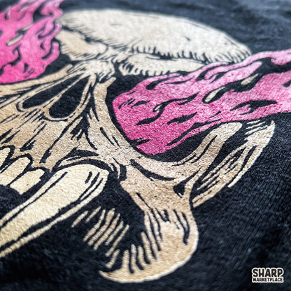 Vampiric monster skull with blazing pink fire eyes and fangs streetwear Halloween PNG graphic for t-shirt design