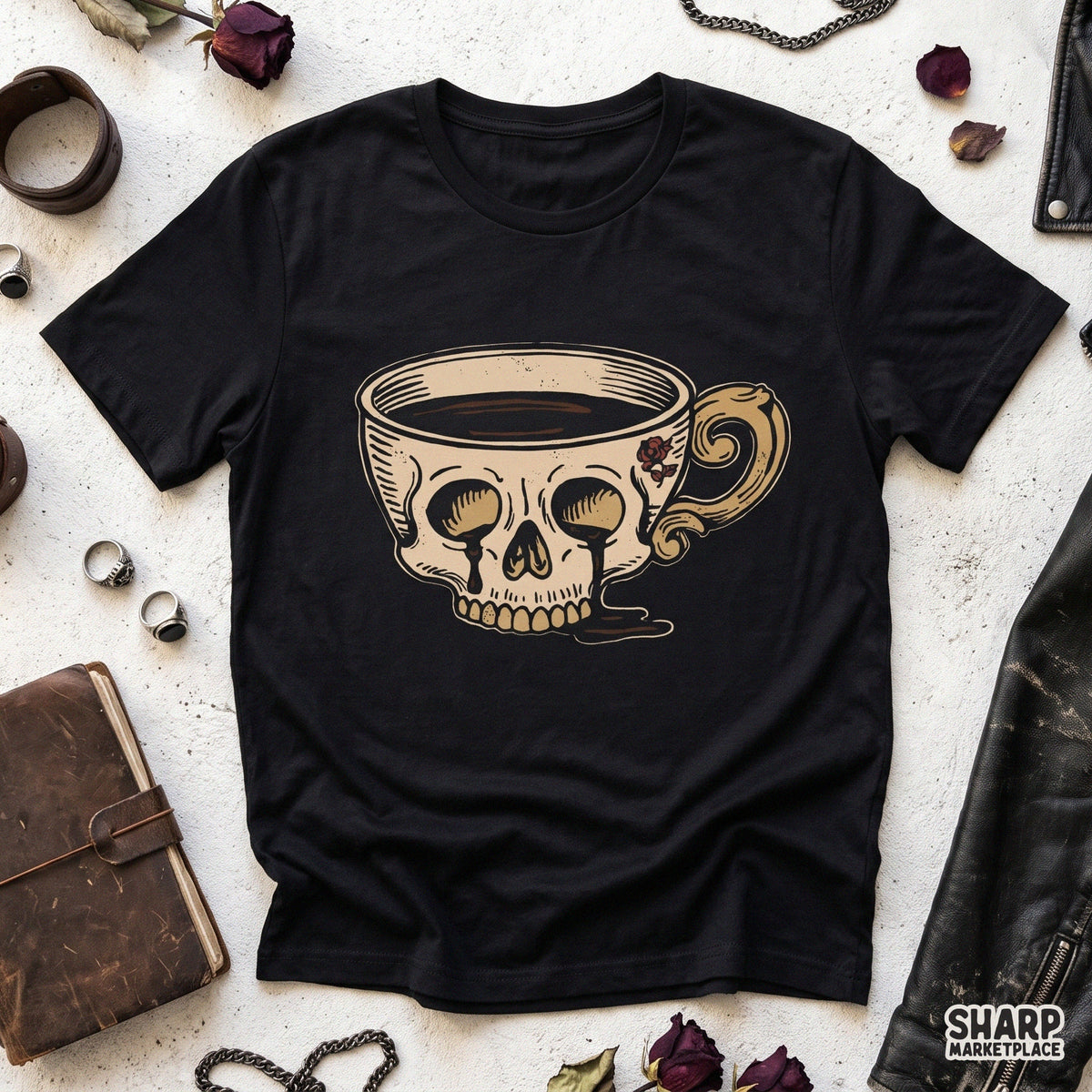 Vintage gothic skull teacup with dripping dark espresso coffee and roses sublimation PNG for t-shirt design