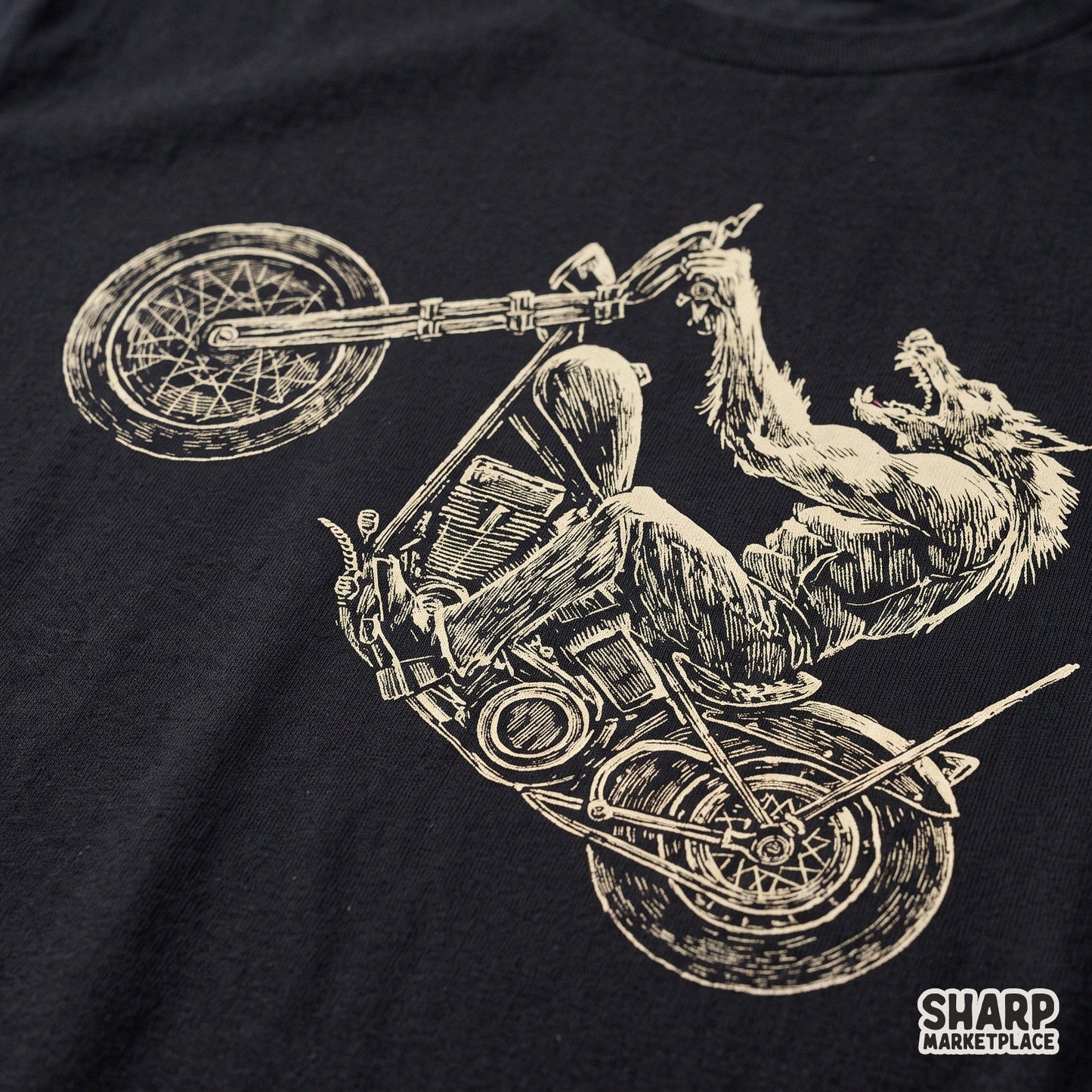 Retro vintage horror biker werewolf popping a wheelie on a chopper motorcycle Halloween PNG design for t-shirt sublimation