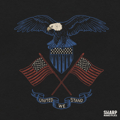 United We Stand retro American flag and bald eagle PNG design for patriotic t-shirts and apparel