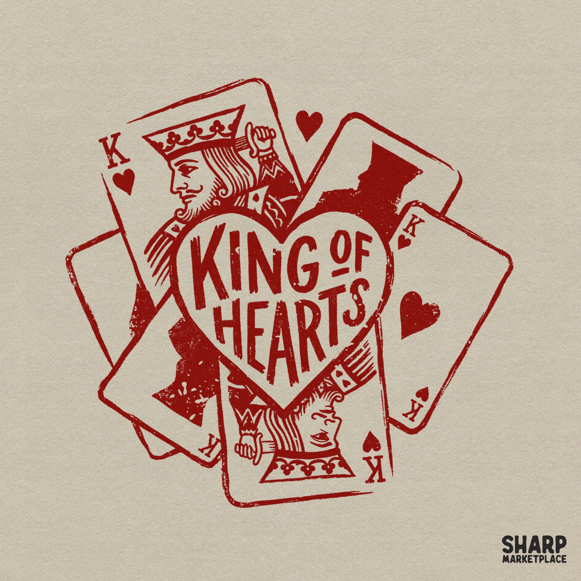 Distressed red linocut design featuring playing cards fanned behind a central heart with King of Hearts hand-lettered typography for apparel.