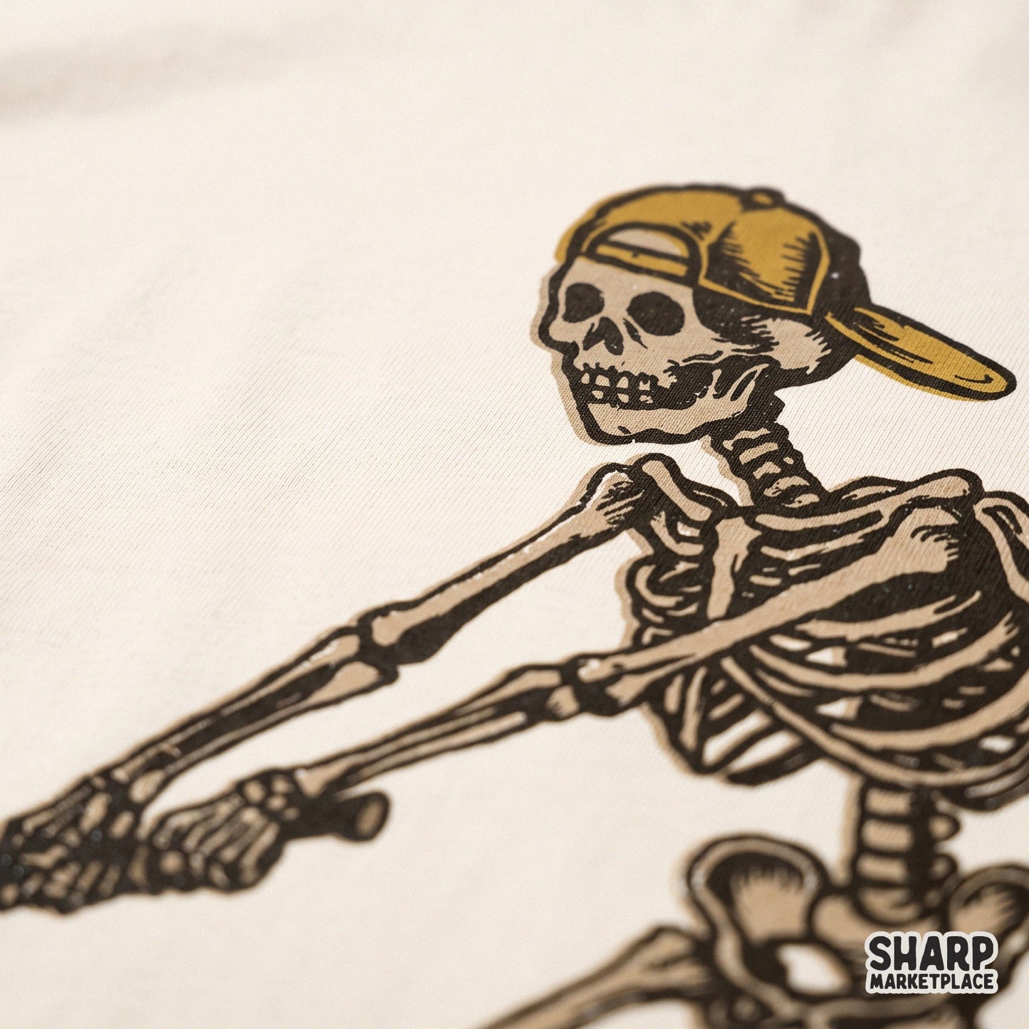 Retro skeleton playing golf sublimation design with a spooky skull aesthetic for Father's Day shirts and Halloween decor