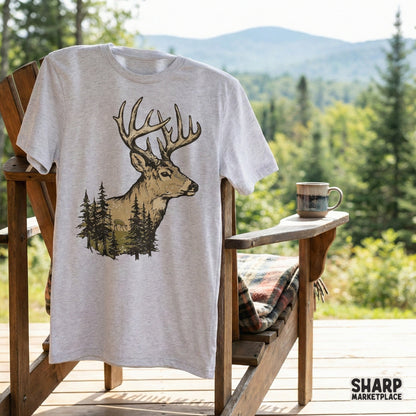 Rustic woodland deer head graphic with a forest silhouette, ideal for creating custom outdoor adventure shirts, stickers, and nature-inspired home decor.